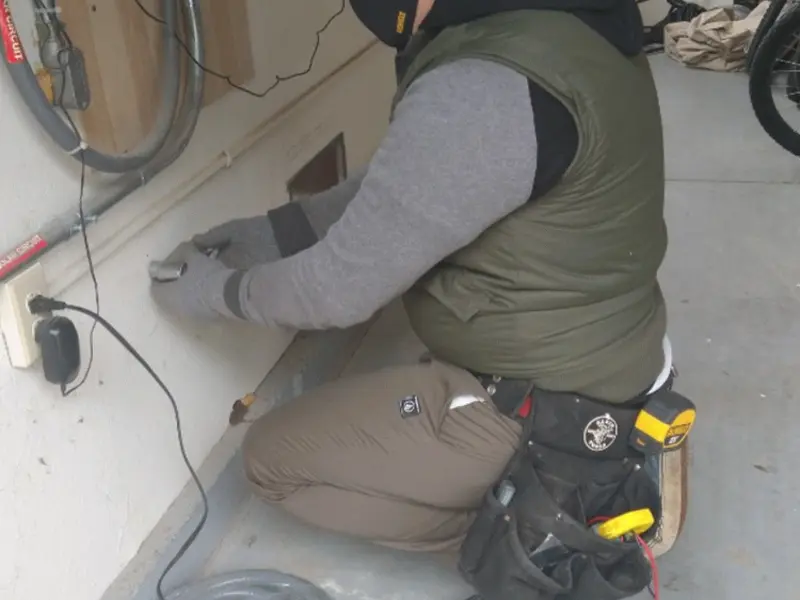 Electrician performing outlet wiring in a Fallsburg garage